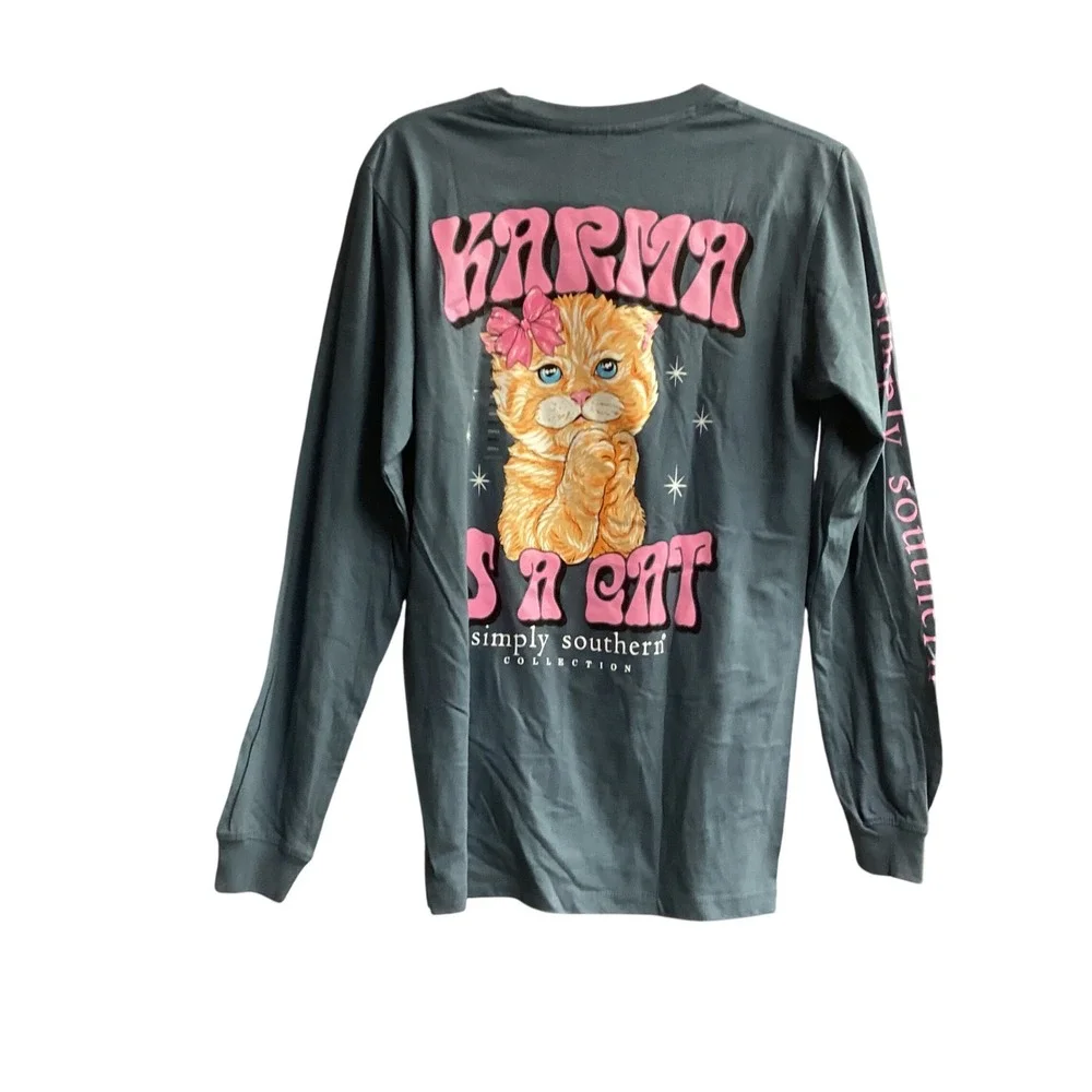 Simply Southern Karma Is A Cat Graphic Long Sleeve T-Shirt Women's‎ S Dusty Blue